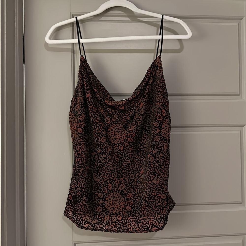 Lavender Brown Size small brown/ orange/black velvet cowl neck top.